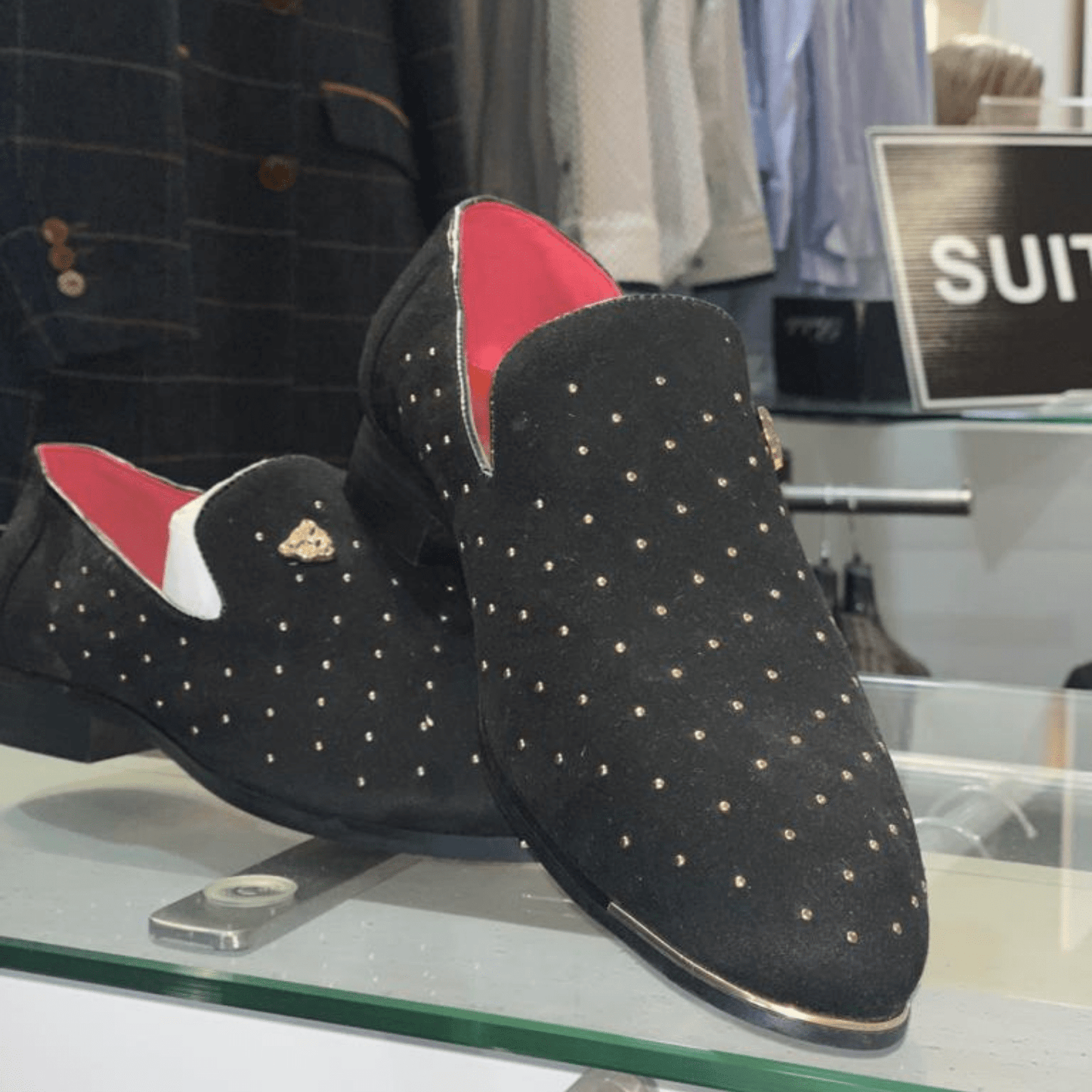 Mens Studded slipper like shoes, Gold and red inserts